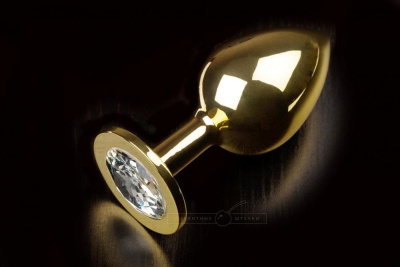 Пикантные штучки - Большая золотистая анальная пробка с ярким кристаллом, 9 см (бриллиант)