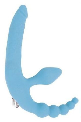 Анатомический страпон с вибрацией и анальным стимулятором, 15 см (голубой)