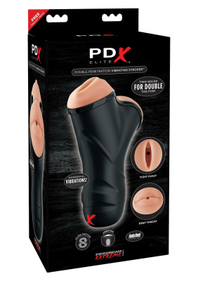 PDX ELITE Double Penetration Vibrating Stroker - Уникальный мастурбатор с двумя тоннелями, 23.5 см (телесный)