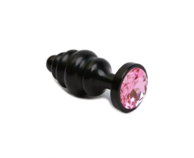 Анальная черная пробка фигурная с стразом, 8.2х3.5 см (розовый) 