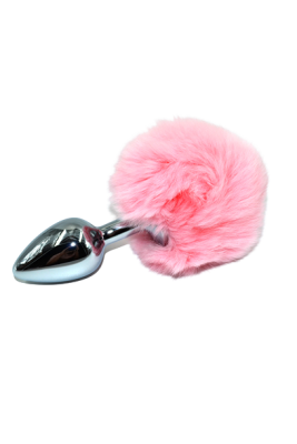 Kanikule маленькая серебристая анальная пробка с заячьим хвостиком, 6х3 см (розовый) 