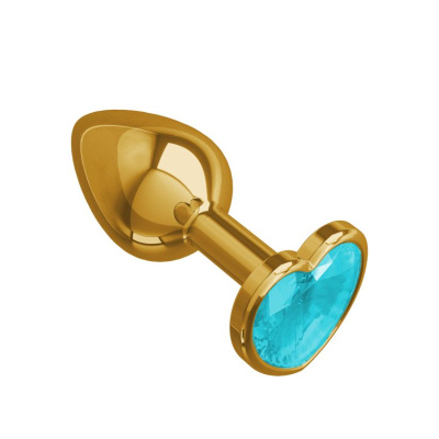 Джага-Джага - Золотистая анальная пробка с кристаллом-сердечком, 7х2.7 см (голубой) 
