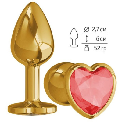 Джага-Джага - Золотистая анальная пробка с кристаллом-сердечком, 7х2.7 см (красный) 