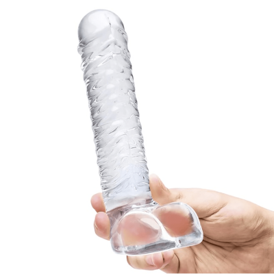 8in REALISTIC RIBBED GLASS DILDO - Фаллоимитатор с мошонкой, 16,5 см (прозрачный)