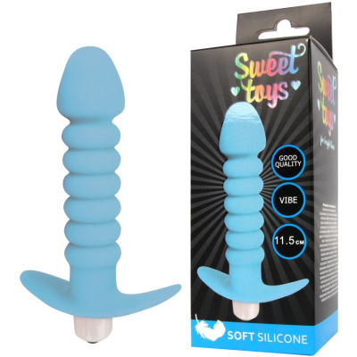 SWEET TOYS - Ребристая анальная втулка с вибрацией и ограничительной ручкой, 11.5 см (голубой)